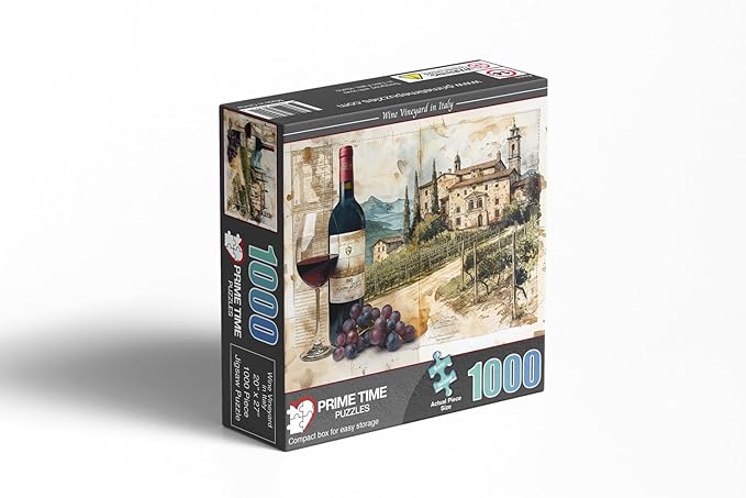 1000 Piece Jigsaw Puzzle for Adults - Wine Vineyard in Italy - A 1945 Bottle and Glass of Wine from Tuscany in Front of Rows of Grape Vines - Challenging Europe Puzzle - 20x27 inch