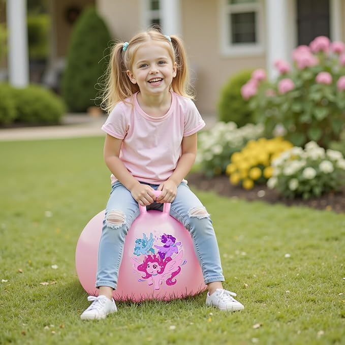 INPODAK Hopper Ball, Unicorn Bouncy Ball with Handle for Kids, 18 Inch Hippity Hop Jumping Bouncer, Pink Hopping Toy for Boys and Girls Ages 3-6 with Pump and Gift Box for Birthday