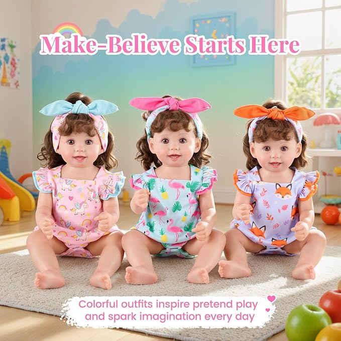BABESIDE 3 Pcs Reborn Baby Doll Clothes Set for 17-22 Inch Dolls, Cute Animal-Themed Outfits with Matching Headbands & Accessories, Realistic 18 Inch Baby Doll Clothes,Pretend Play Toy for Kids