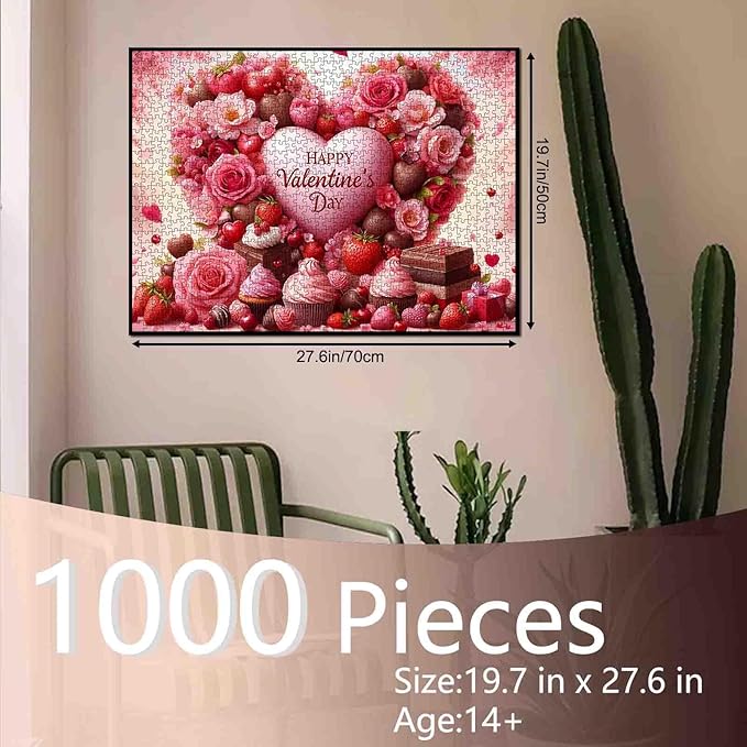 Candy Hearts Puzzle 1000 Piece Valentine's Day Jigsaw Puzzle for Adults–Heart Roses Chocolates Puzzles Challenging Decor Puzzle & Unique Gift Idea for Girlfriend boyfriend-19.7 x 27.6 in