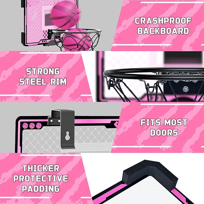 Basketball Hoop Indoor Kids Girls Pink - Mini Over The Door Basketball Hoops with Electronic Scoreboard Toys & 3 Balls, Unicorn Birthday Gifts Age 5 6 7 8 9 10 11 12 Year Old Girls