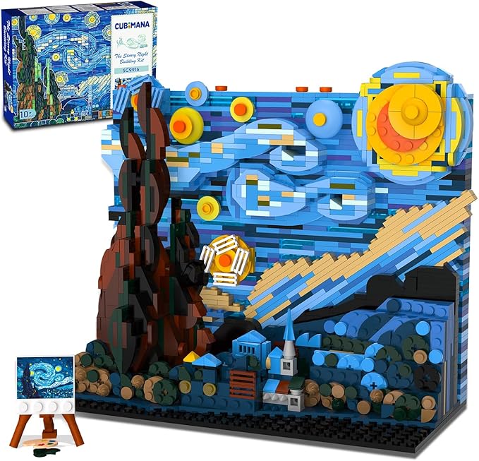 The Starry Night Building Set with LED Lights - 1501PCS Artwork 3.6MM Mini Blocks Building Sets for Adults, Famous Paintings Architecture Projects Home Art Decor Easter Gift for Men Women