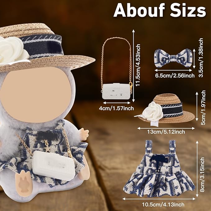 Doll Clothing Set (No Doll), Cute Cropped Straw Hat, Crossbody Bag, Dress, Suitable for 15-17cm Dolls, Outfit Accessory Set for Unique Styling (Blue-4PCS)