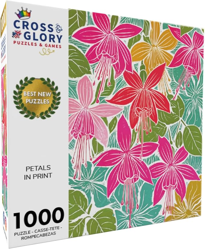 Cross & Glory - Petals in Print - 1000 Piece Jigsaw Puzzle for Adults | Colorful Fuchsia Floral Block Print for Puzzle Lovers and Art Enthusiasts
