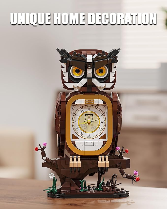 Owl Clock Building Blocks Set, STEM Building Toys with Functional Clock, Collectible Bird Display Model for Home Decor, Christmas Birthday Gift for Adults & Boys 8-14 (964Pcs)