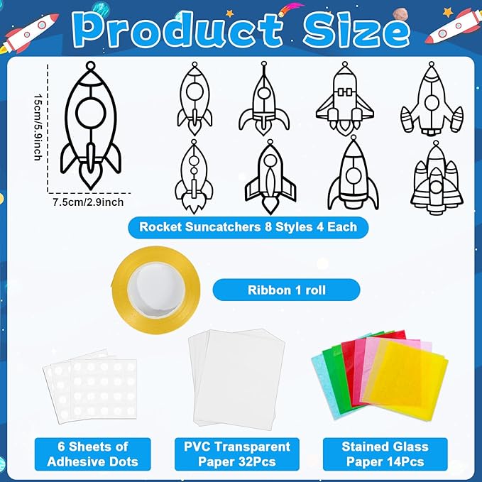 32 Sets Outer Space Rocket Suncatchers Craft Kit DIY Window Stained Glass Effect Space Theme Paper Crafts for Home School Classroom Decoration Kid Birthday Gifts Creative Art Projects Activity Game