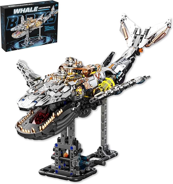 Mechanical Whale Building Set, Sea Animal Building Block Toy, Movable Ocean Animal with Display Stand, Home Decor Gift for Adults Teens（1388PCS）