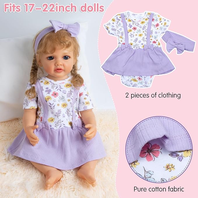 10Pcs Reborn Baby Doll Accessories Set, Purple Reborn Dolls Baby Clothes 17-22 Inch Girl Doll Outfit Floral Dress with Backpack & Feeding Babydoll Accessories