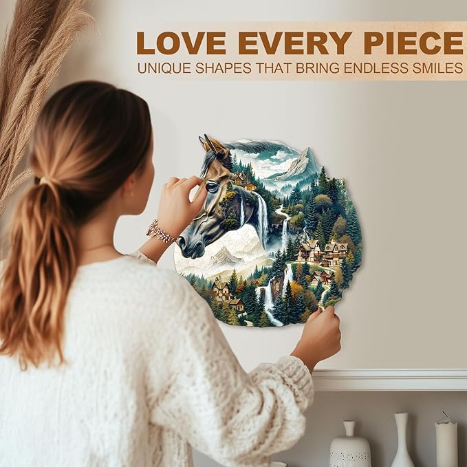 Wooden Puzzle for Adults-River and Horse Wooden Puzzle Unique Shape Advanced Animal Jigsaw Puzzle for Adults, Best Gift, Wood Puzzles, Challenge Wooden Jigsaw Puzzle (M-11.4 * 11.1in-190pcs)