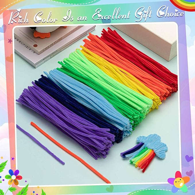 Peryiter 500 Pieces Pipe Cleaners Chenille Stems for Flowers Craft Supplies Bulk Fluffy Fuzzy Sticks for DIY Art Projects Creative Gift Wrapping Party Decorations(Rainbow Color,12 Inch)