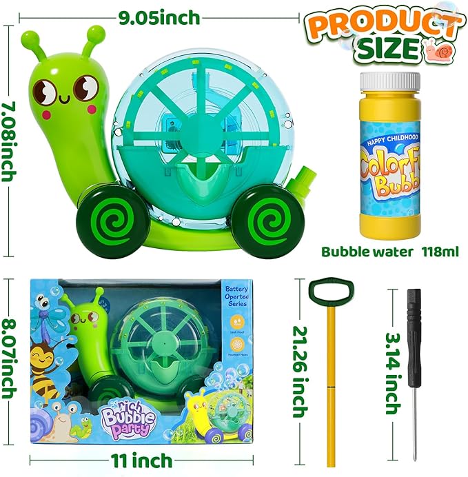 Snail Bubble Mower Toy for Kids（Age 3 up） – Includes 4oz Bubble Solution, Outdoor Bubble Machine for Kids, Light-Up 3D Push Bubble Machine, Great for Parties, Summer Toy, Easter, Birthday Gift