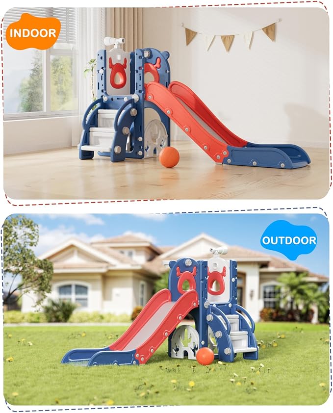 XJD 7 in 1 Toddler Slide, Kids Indoor Slide for Toddlers 12-36 Months, New Upgrade with Golf, Basketball Hoop for Indoor Outdoor Playset,Birthday Gifts for Toddler (Blue Red)