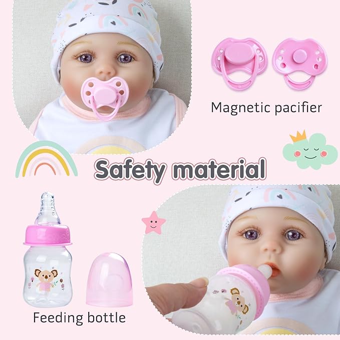 13 Pcs Reborn Baby Dolls Clothes Girl Rainbow and Flowers Outfit Accessories for 17-22 Inch Newborn Baby Doll Girl with Pink Butterfly Backpack