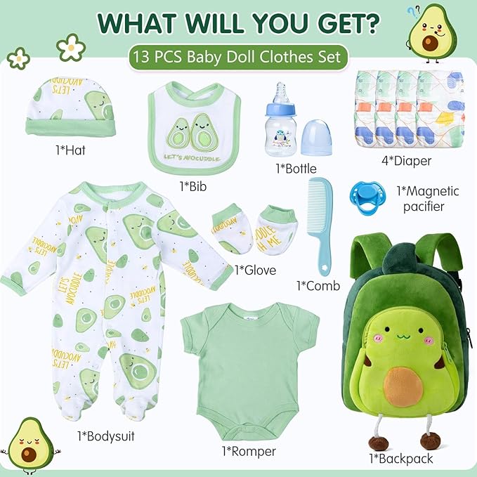 13 Pcs Reborn Baby Doll Clothes Boy Green Outfits Accessories for 17-22 Inch Reborn Doll Clothes Newborn Baby Accessories Set with Avocado Backpack