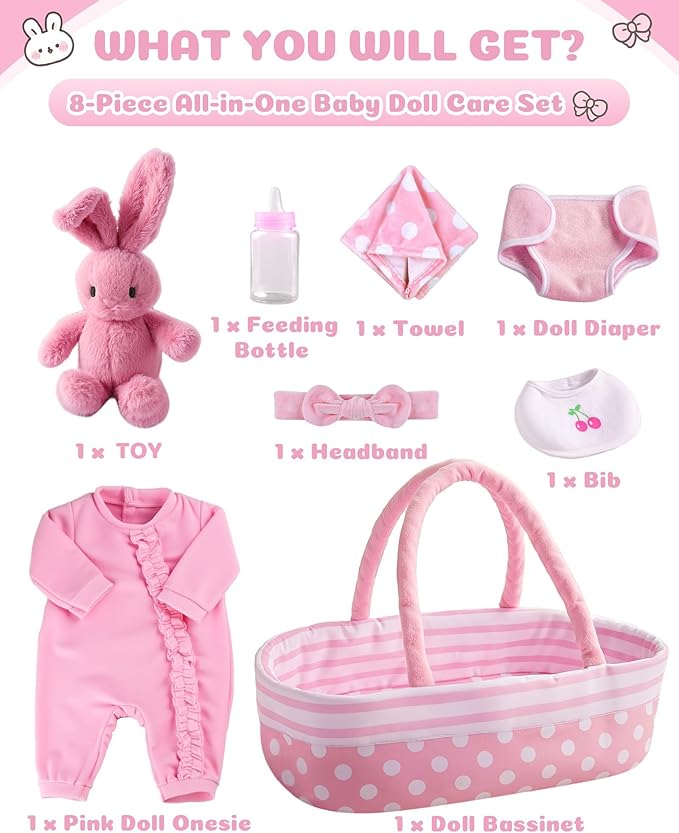BABESIDE 8 Pcs Baby Doll Accessories, Reborn Baby Dolls Clothes with Bassinet for 17-22 Inch Babydolls, Outfit fit Babies Dolls Girl, Babies Pretend Play Set