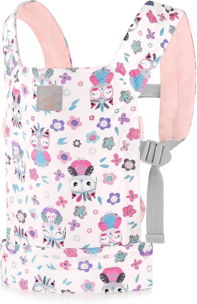 GAGAKU Baby Doll Carrier for Little Girls, Toy Baby Dolls Sling Carrier, Reborn Dolls Accessories for Toddlers Kids – Pink - Owl and Flowers