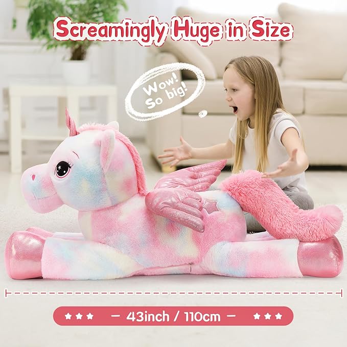 Tezituor 43 Inch Rainbow Pink Unicorn Stuffed Animal with Wing, Giant Stuffed Unicorn Plush Toys for Girls Kids Boys Women,Soft Plushie Gifts for Valentines Day,Christmas, Birthday Party
