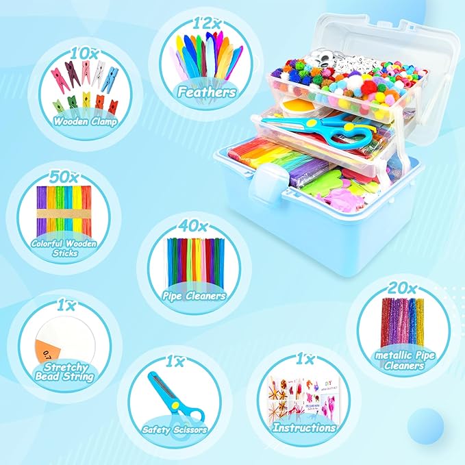 3000 Arts and Crafts Supplies for Kids Craft Kit Craft Box with Pipe Cleaners Arts and Crafts for Kids Age 4-6, 6-8, 8-12 DIY School Supplies Materials Set Toys Gifts for Girls Boys Toddlers, Blue