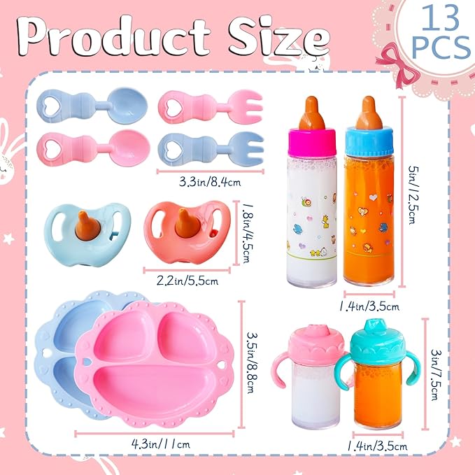 13 Pcs Baby Doll Accessories Magic Bottle Set,Pretend Play Feeding Toy Set with Package,Doll Feeding Set for Kids Girls,Magic Disappearing Juice Milk Bottles,Sippy Cups,Pacifiers,Bowl Spoons