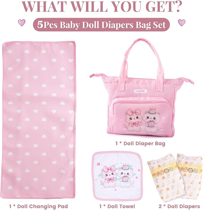 BABESIDE 5 Pcs Baby Doll Diaper Bag Set, Cute Cat Patterns Baby Doll Accessories with Pink Dolls Diaper Bag Changing Pad and Dolls Towel, Pretend Play Toys for Girls