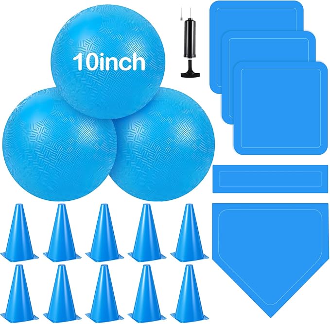 Jenaai 20 Pcs Sports Kickball Set, 3 10'' Playground Ball, 5 Rubber Throw Down Bases, Ball Pump, Net Bag, 10 Foul Line Cones, Kickball All in One Kit for Kids Adults Playground Backyard Game(Blue)