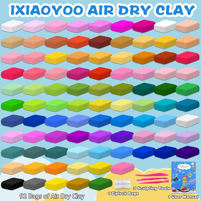 Air Dry Clay for Kids, 92 Colors Magic Modeling Clay, Children's DIY Model Arts & Crafts Kit, Soft & Non-Sticky, Birthday & Christmas Toy Gift for 3-12 Years Old Girls & Boys Kids