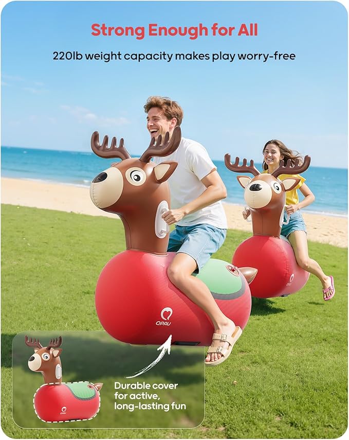 QPAU 2 Pack Large Inflatable Reindeer Hopper Bouncy Toy, 250lbs High Capacity Ride-on Animal for Kids & Adults, Soft Fabric Cover & Pump, Durable Puncture-Resistant Bouncer for Family Party Gift