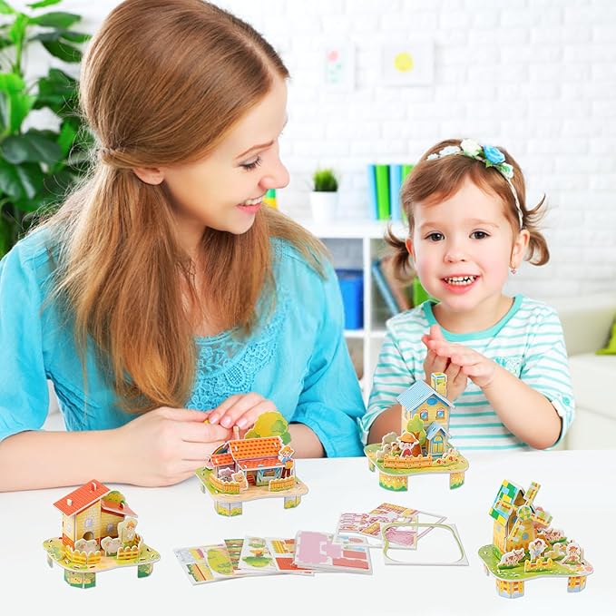 CCINEE 6 Pack 3D Puzzles for Kids Gift, Cartoon Paper Foam Puzzles Toy for Girls and Boys DIY Jigsaw Toys Mini House for School Family Craft Activity Easter Basket Stuffers Party Favors