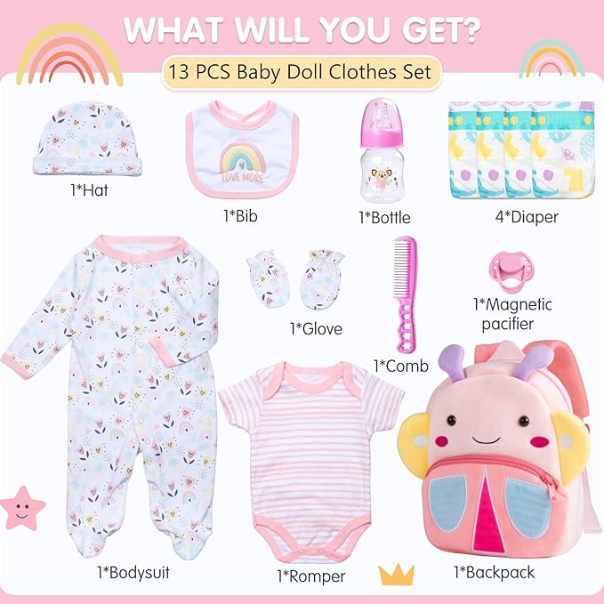 13 Pcs Reborn Baby Dolls Clothes Girl Rainbow and Flowers Outfit Accessories for 17-22 Inch Newborn Baby Doll Girl with Pink Butterfly Backpack