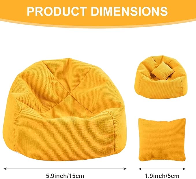 Doll Car Seat Compatible with Labubu, Handmade Bean Bag Chair for 5.9-6.7 inch Doll, Anti-Slip Bottom, Cute Doll Accessories for Display, Fans&Collectors Gifts, Durable Corduroy Fabric (Yellow)