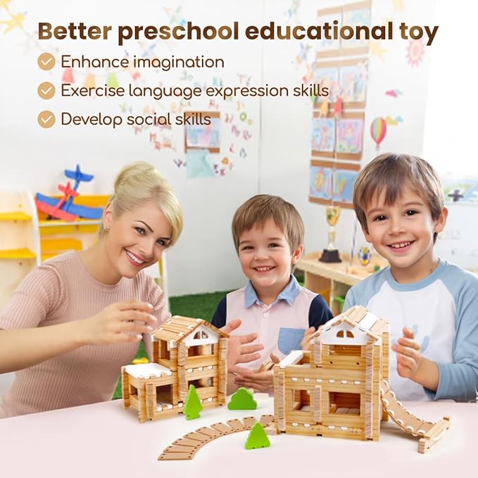 Jovi-mindly＆Notchies 96 PCS Wooden Blocks Wooden Toys with Storage Bag, Preschool Learning Toys Wood Blocks Building for Kids Ages 4-8 Creative Construction Game,FSC Certified,Easter Toys Gifts