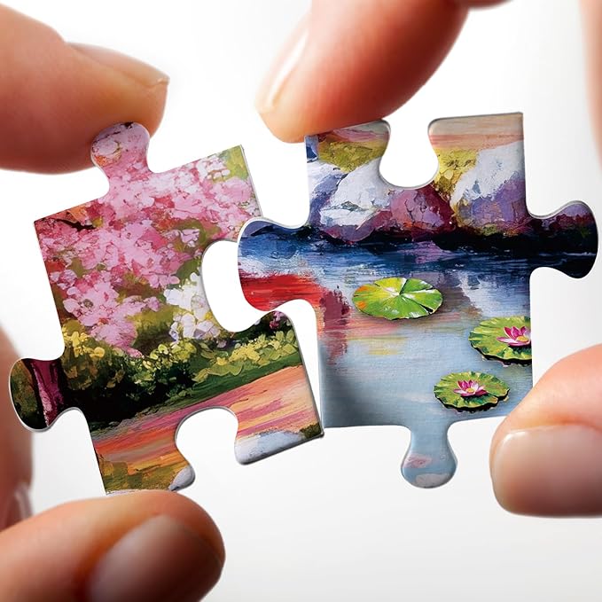 Garden Landscape Painting Jigsaw Puzzle 1000 Piece for Adult, Colorful Art Flower Cherry Blossom Plant Jigsaw Puzzles, Pretty Aesthetic Lotus Puzzle