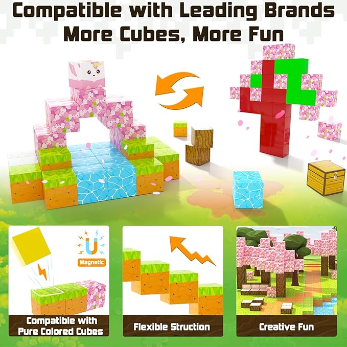Coodoo Magnetic Blocks - Build Mine Magnet World Cherry Blossom Set, Magnetic Tiles Building STEM Toys for Boys & Girl Kids Toddler Toys for 3+ Years Old
