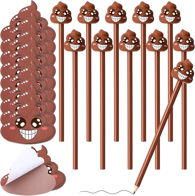 24 Pcs Funny Farting Poop Pencil with Eraser Topper and Poop Sticky Notes Christmas Gag Gifts for Coworkers Office School Xmas Presents
