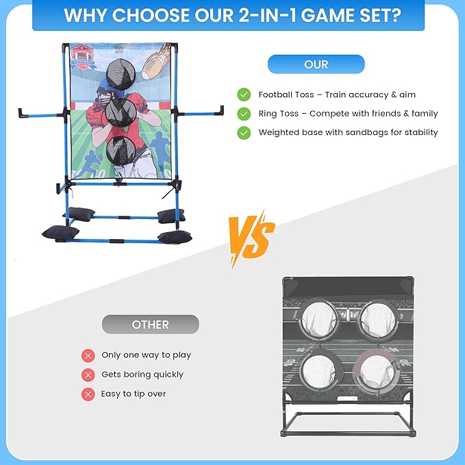 MABOZOO 2-in-1 Football Toss & Ring Toss Game Set for Kids, Dual Mode Indoor Outdoor Toys with 3 Inflatable Balls and 6 Rings, Football Throwing Target Games for Boys Girls 3-12