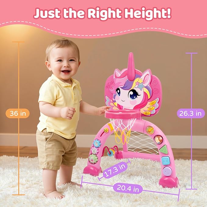 Basketball Hoop & Soccer Goal for Toddlers – 3-in-1 Sports Play Set with Ring Toss | Indoor Outdoor Activity Toy for 1 2 3 Year Old Boys | Birthday for Active Play (Pink)