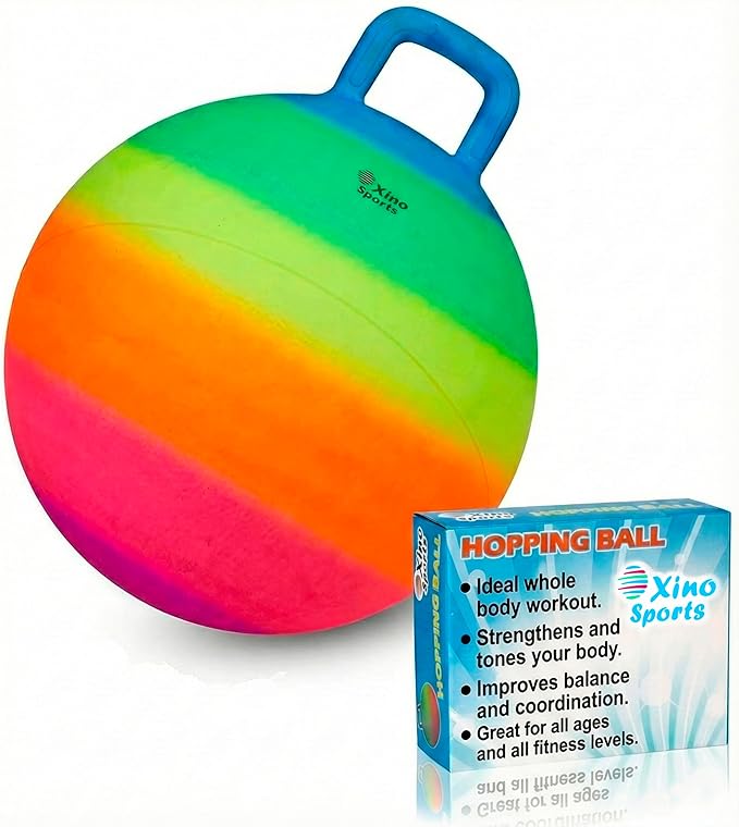 Xino Sports Hopping Ball for Kids - Rainbow Bouncy Ball with Handle, Fun Indoor and Outdoor Toy for Exercise & Play, Hopper for Jumping, Safe and Durable (18 Inch Diameter)