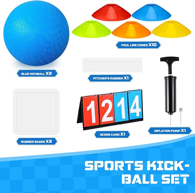 Huaerle 18 Pcs Sports Kickball Set Includes 2 Playground Ball with Air Pump 4 Rubber Throw Down Bases 10 Foul Line Cones and a Flip Scoreboard for Boys Girls Adults Playground School Backyard