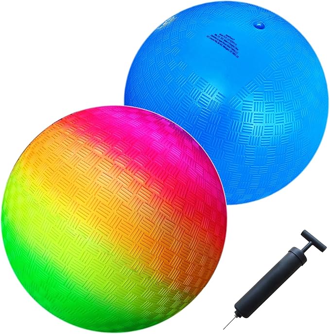 AppleRound 8.5-Inch Dodgeball Playground Balls (Pack of 2) with Pump - Official Size & Weight for Dodgeball, Handball, Kickball - for Kids, Camps, School PE, and Recreation - Blue and Rainbow