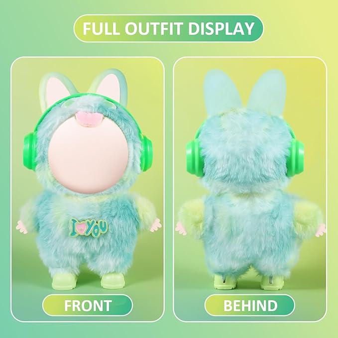 17cm Doll Clothes Set for Labubu Dress Up,Cute Outfit ,4 Piece Hat Overalls Headphones Shoes Dolls Clothing Accessories(NO Doll) (Green)