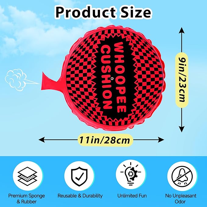 Whoopie Cushion, 9" Woopie Cushion, Self Inflating Whoopee Cushion, Woopy Cushion Fart Bag for Boys and Girls, Goodie Bag Stuffers Fart Pillow Makes Gas Sounds, Novelty Prank Gag White Elephant Gifts