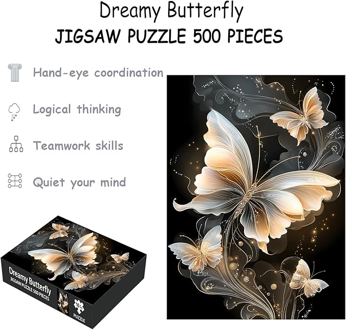 Puzzles for Adults 500 Pieces, Butterfly Jigsaw Puzzles - Dreamy Butterfly, Impossible Diamond Art Puzzle for Seniors Families, 20.47x14.96 Inches, 1:1 Poster, Letter On The Back