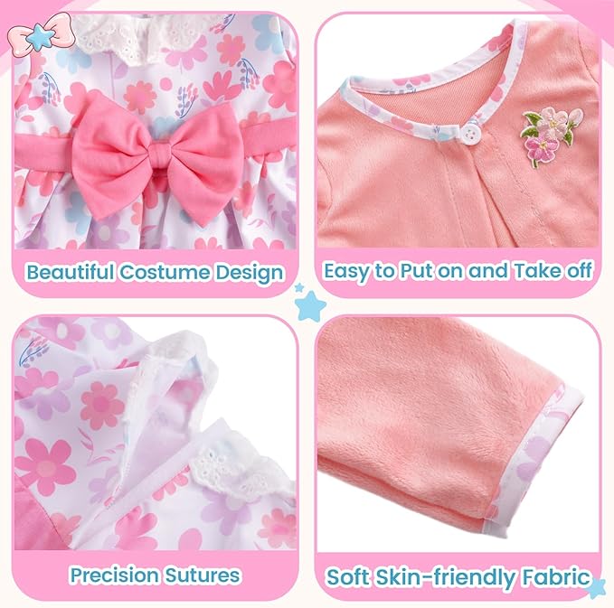 BABESIDE 5-Piece Reborn Baby Doll Clothes Set Fits 17-22 Inch Dolls with Floral Dress, Headband, Coat, Baby Doll Reusable Diaper and Socks,Pretend Play Accessories for Ages 3+