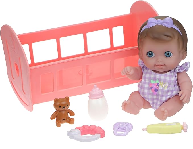 Lil Cutesies 9" All Vinyl Baby Doll Bed Time Gift Set | Posable and Washable | Removable Outfit | Rocking Crib and Bed Time Accessories | JC Toys | Ages 2+