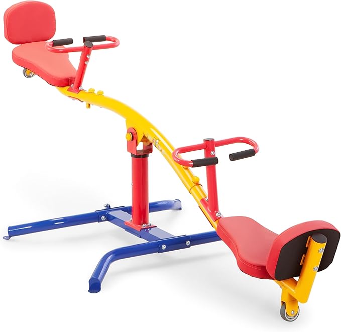 gym dandy Spinning Teeter Totter - Impact Absorbing Kids Playground Equipment - 360 Degree Rotation, Red, Yellow & Blue, 99 Inch, (TT360)