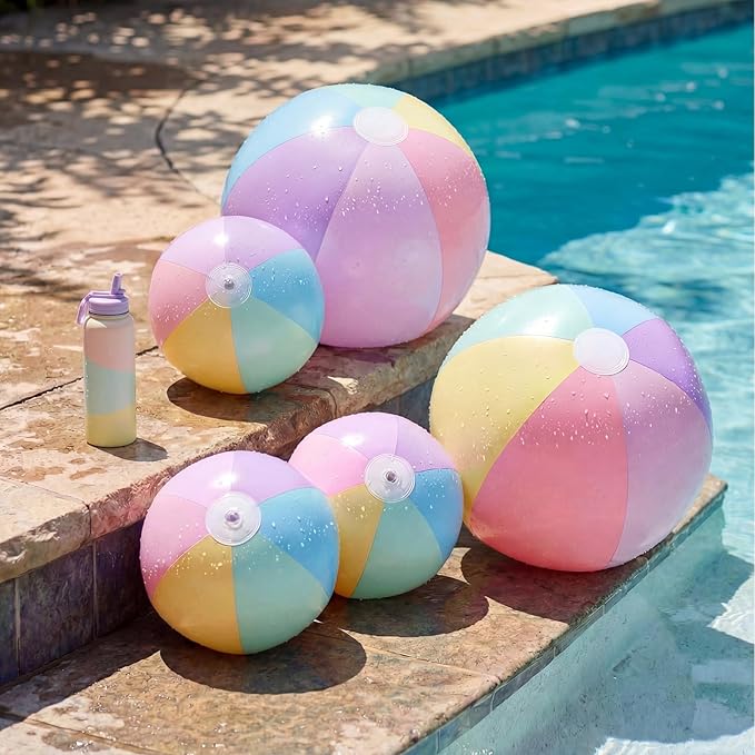 5 Pcs Inflatable Beach Balls 24 & 16 Inch Pastel PVC Large Beach Balls Bulk Blow up Pool Water Game Toy for Kid Adult Birthday Luau Summer Pool Party Favors Decorations(Macarons)