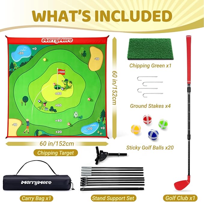 Golf Chipping Game Set: Large Chipping Mat, 1 Adjustable Club, 20 Sticky Balls, Indoor Outdoor Golf Practice Training Toy Gift for Kids Adults, Family Yard Target Game