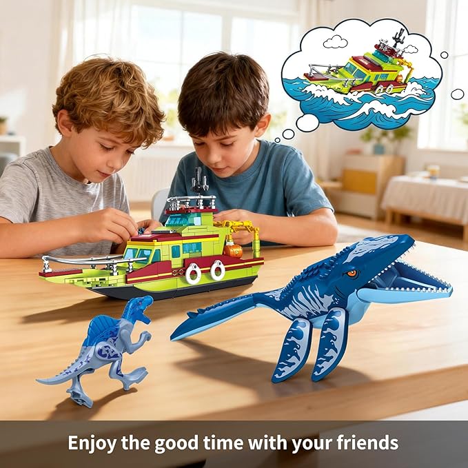 3 in 1 Sea Dinosaur Building Blocks Kit Set, Compatible with Lego Dinosaur World Park Spinosaurus Mosasaurus Discovery Crossing Ocean World Building Set, Boat STEM Toys Gift Kids Adults Boys Age 8-12