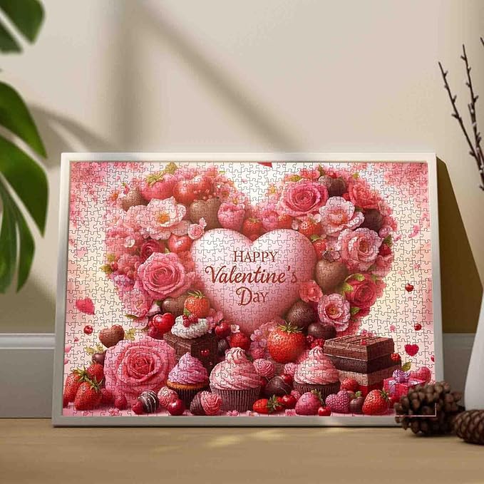 Candy Hearts Puzzle 1000 Piece Valentine's Day Jigsaw Puzzle for Adults–Heart Roses Chocolates Puzzles Challenging Decor Puzzle & Unique Gift Idea for Girlfriend boyfriend-19.7 x 27.6 in