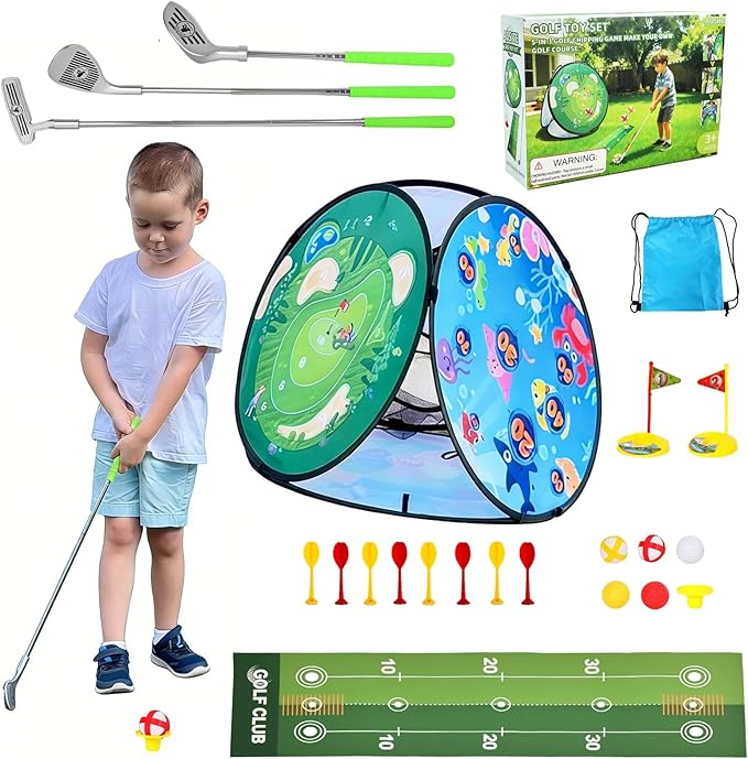AOSITE Toddler Golf Set, 5 in 1 Kids Sticky Golf Games Toys with 3 Golf Clubs, Putting Mat, 4-Sided Chipping Net, Golf Sport for Kid, Indoor Outdoor Toy Kids Golf Set Activitie Party Birthday Gift 3+